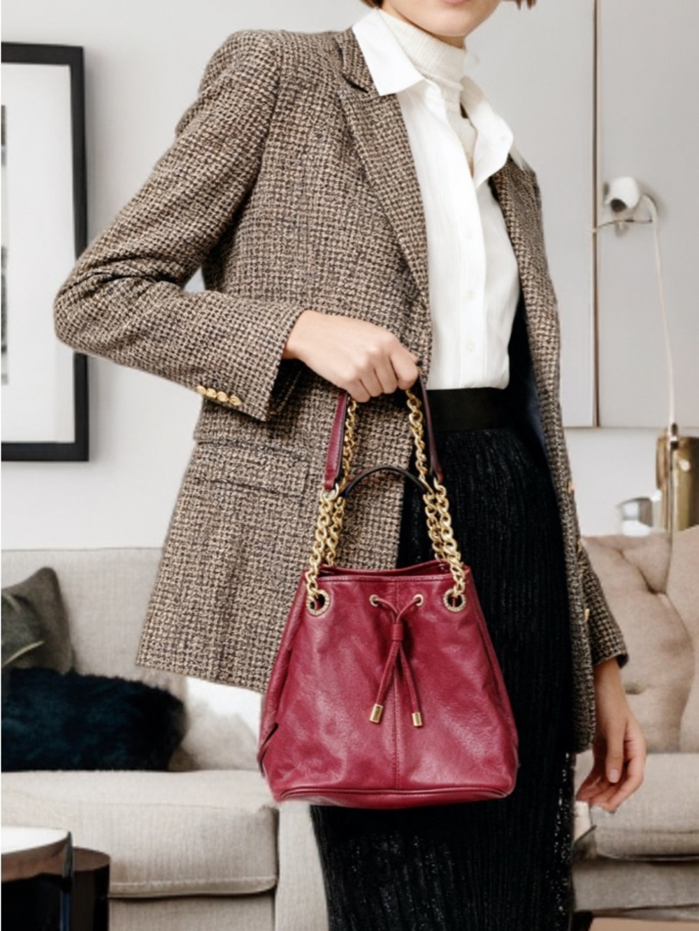 LEATHER 
Women's Red Leather Chain-Handle Tote Bag